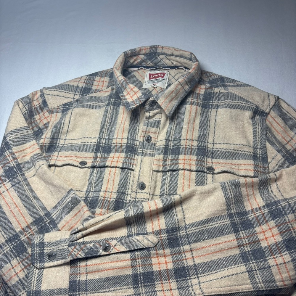 Levi's Button Down Flannel Shirt Mens Large Beige Plaid Western Long Sleeve